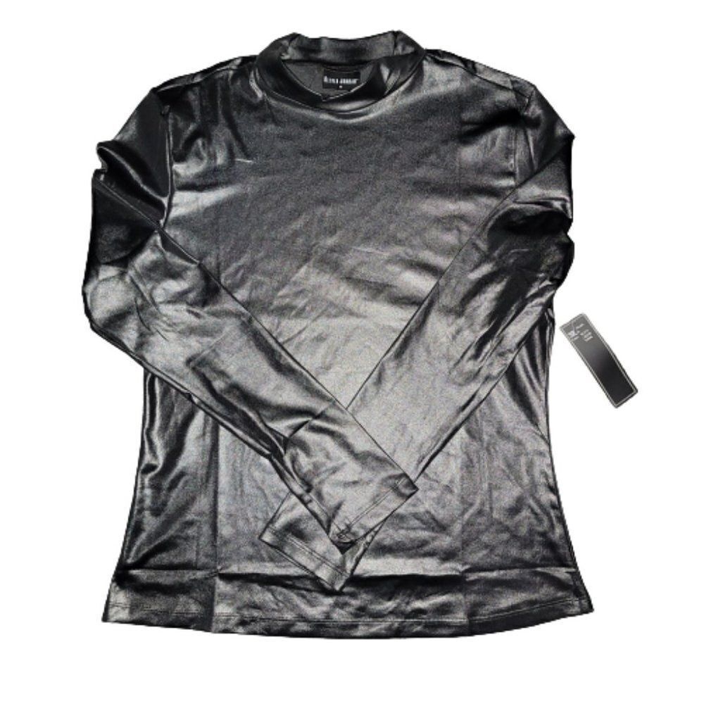 Olivia Jordan Women Black Liquid Shine Long Sleeve Pullover Shirt Size M…